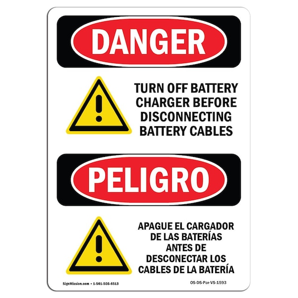 Safety Sign, OSHA Danger, 5" Height, Turn Off Charger Bilingual Spanish, 10PK